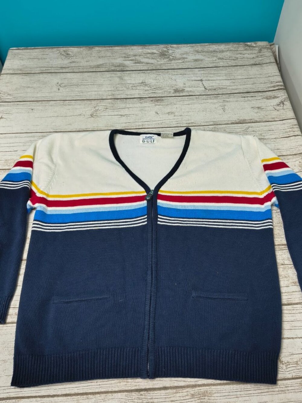 Vintage Tabi International Golf Rainbow Striped Full Zip Knit Cardigan Sweater L